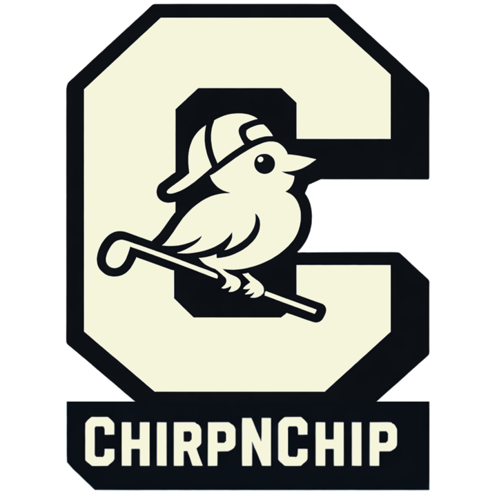ChirpNChip logo: a bird in a golf cap perched on a club