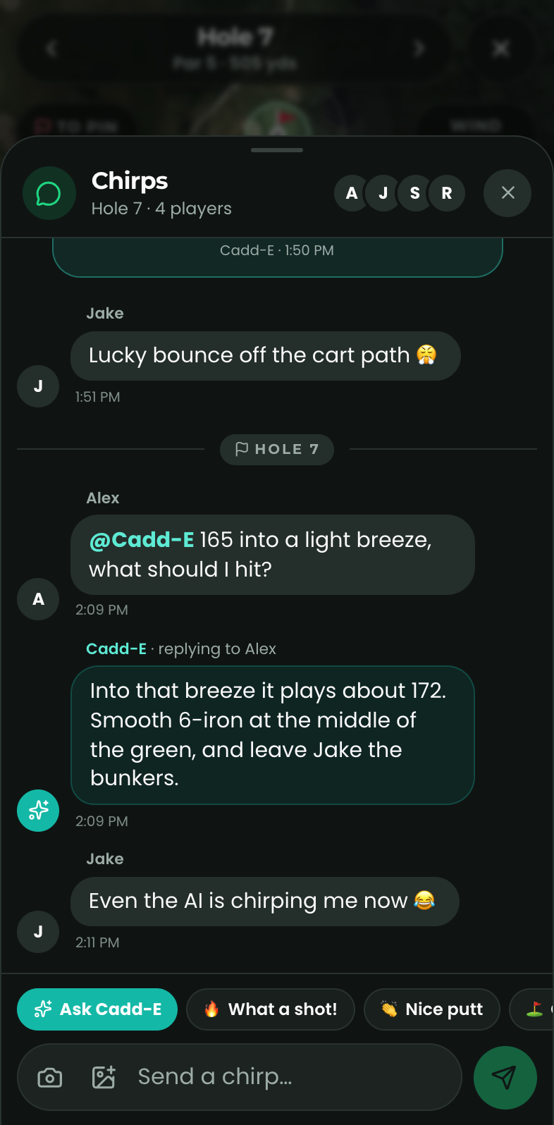 Cadd-E answering a club question in the round’s group chat