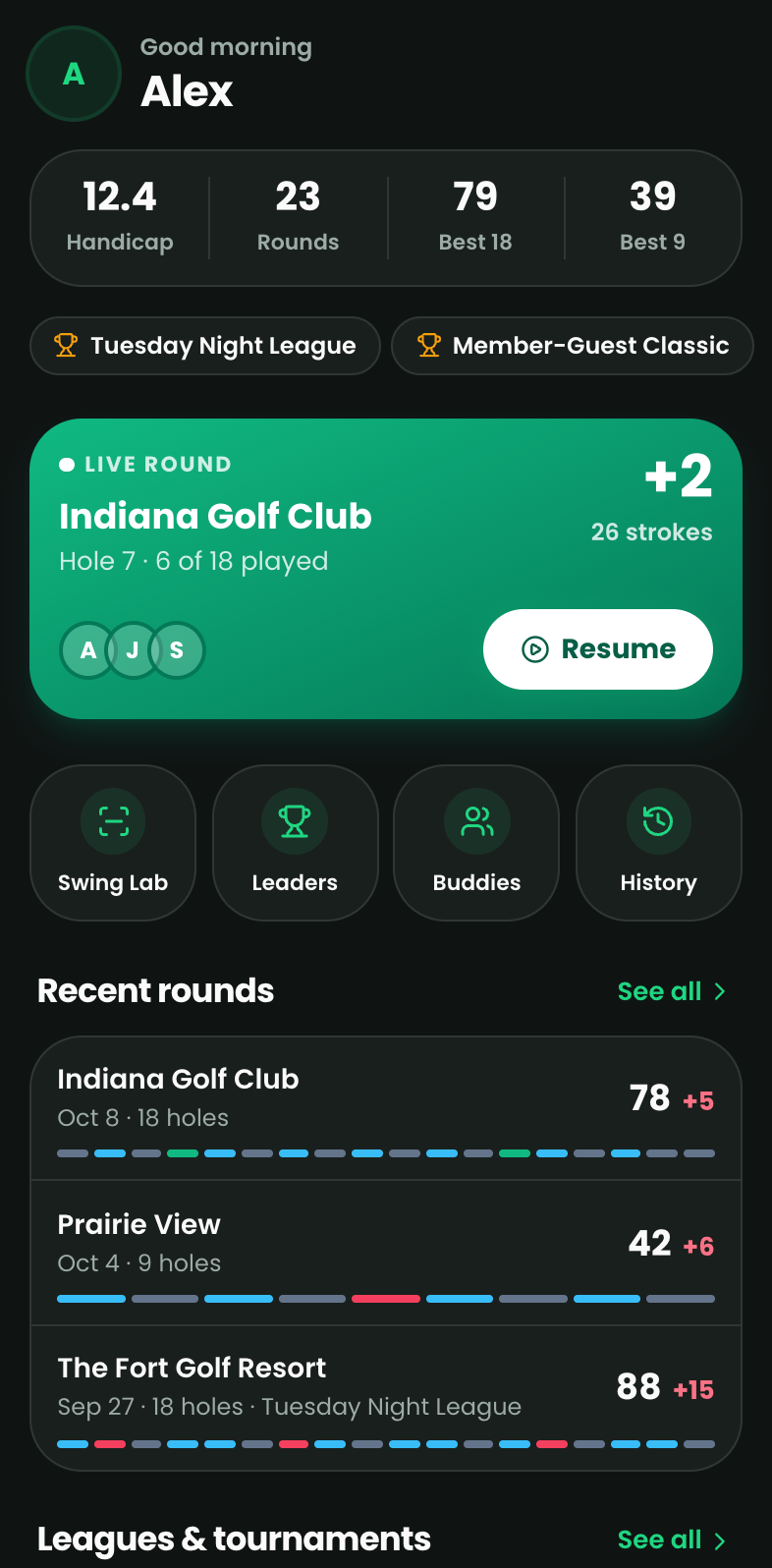 ChirpNChip home: a live round at Indiana Golf Club, 2 over through 6, with recent rounds and leagues