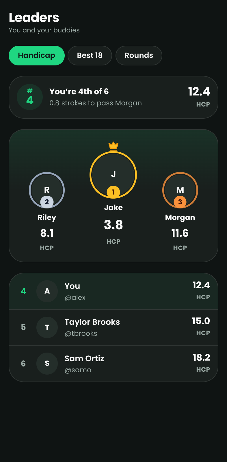 Leaders: Jake leads the group with a 3.8 handicap, you’re 4th of 6 at 12.4