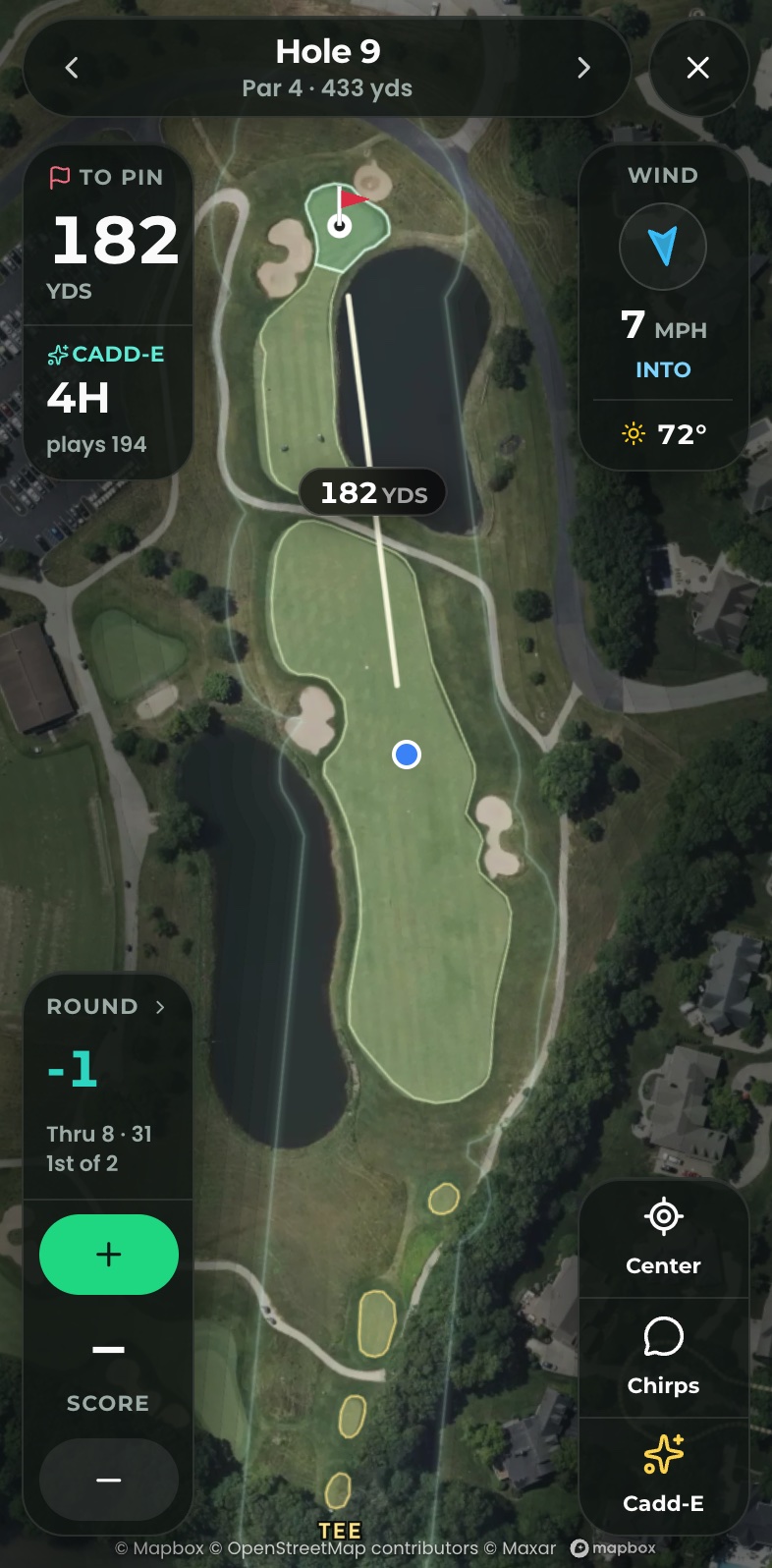 Hole 9 on the ChirpNChip map: 182 yards to the pin, Cadd-E suggests a 4-hybrid playing 194 into the wind