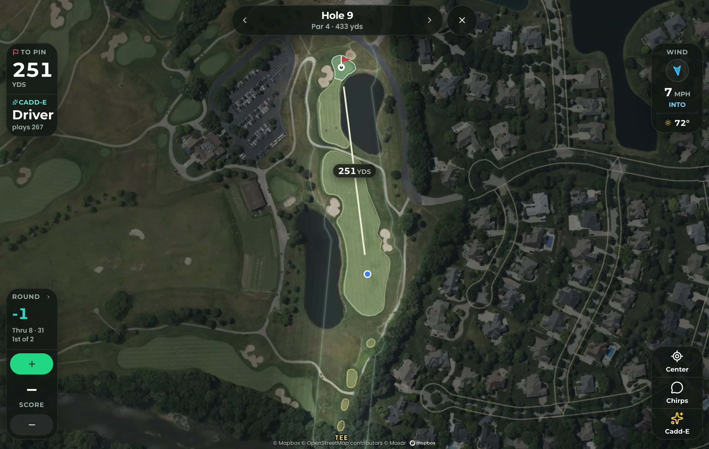 Hole 9 on the interactive map: the hole is lit up with its fairway, green and tees outlined and the rest of the course dimmed, 251 yards to the pin, Cadd-E suggests Driver playing 267 into a 7 mph wind
