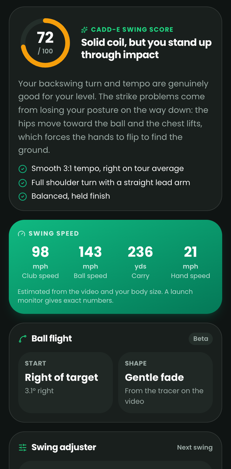Swing Lab report: swing score 72, club speed 98 mph, ball speed 143 mph, carry 236 yards, gentle fade